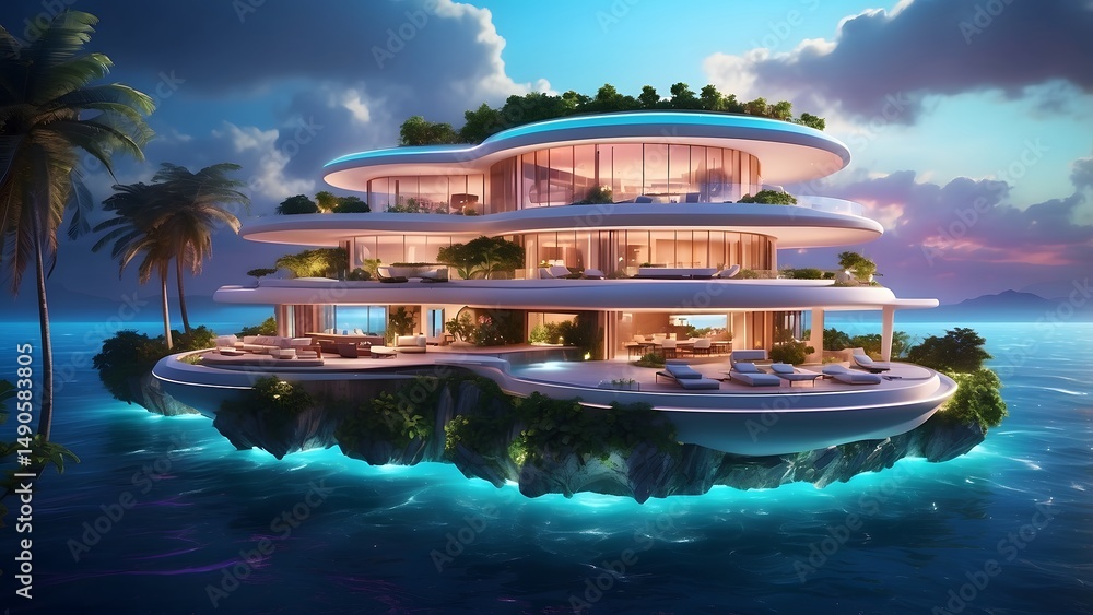 Obraz premium A glowing private island mansion with radiant floating drones delivering vibrant meals, Cinematic theme, HDR, Vibrant