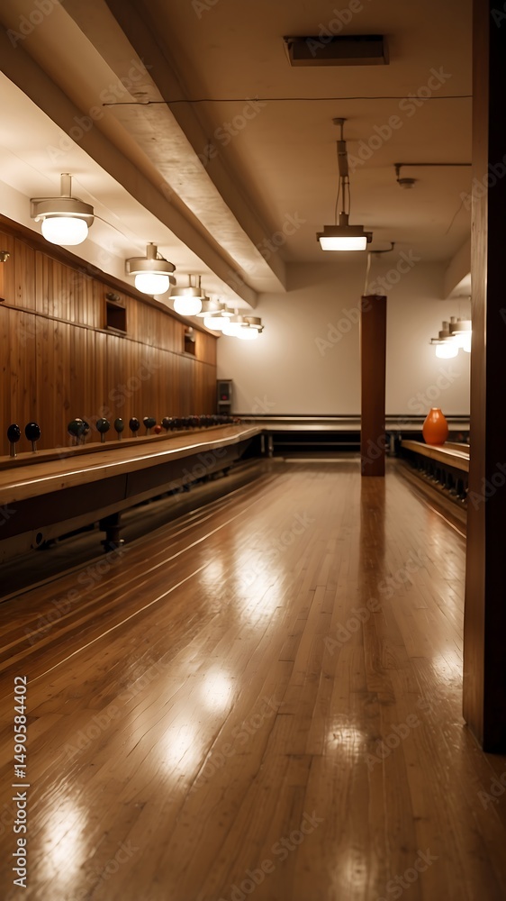 Obraz premium Interior view shows empty bowling alley with wooden lanes and seating area.