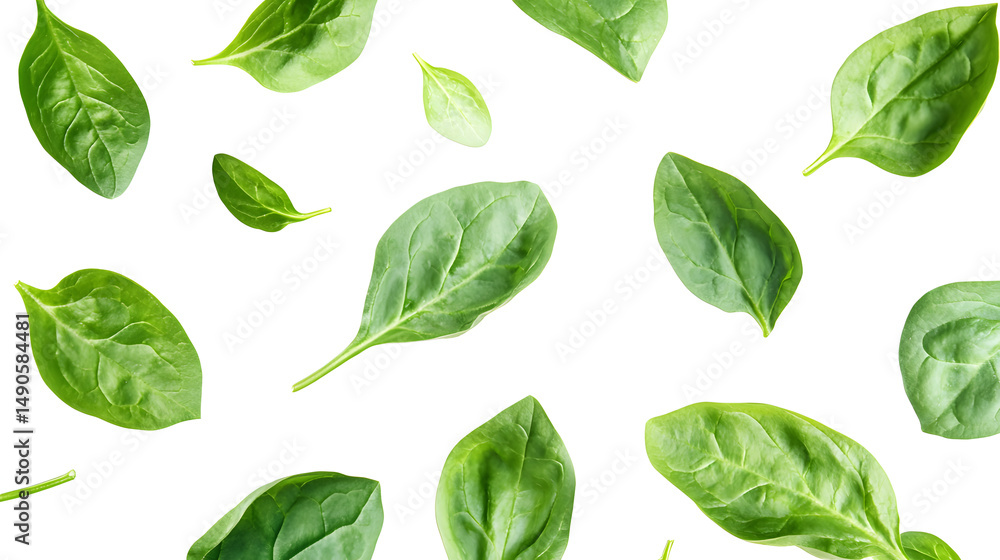 Fototapeta premium Fresh green spinach leaves scattered on a white background, showcasing vibrant shades of green.
