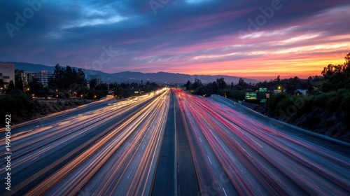 Time lapse of cars on a highway at sunset