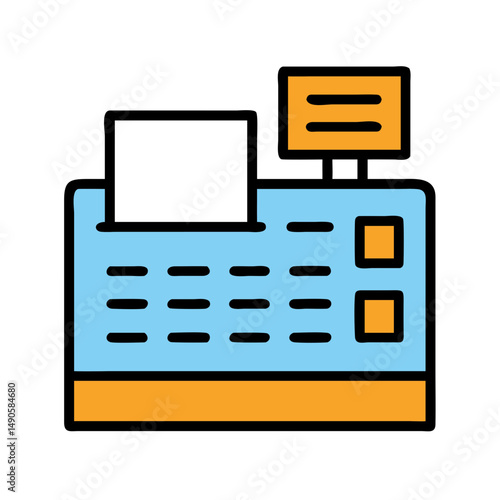 Blue and Orange Electronic Cash Register Icon with Receipt and Buttons