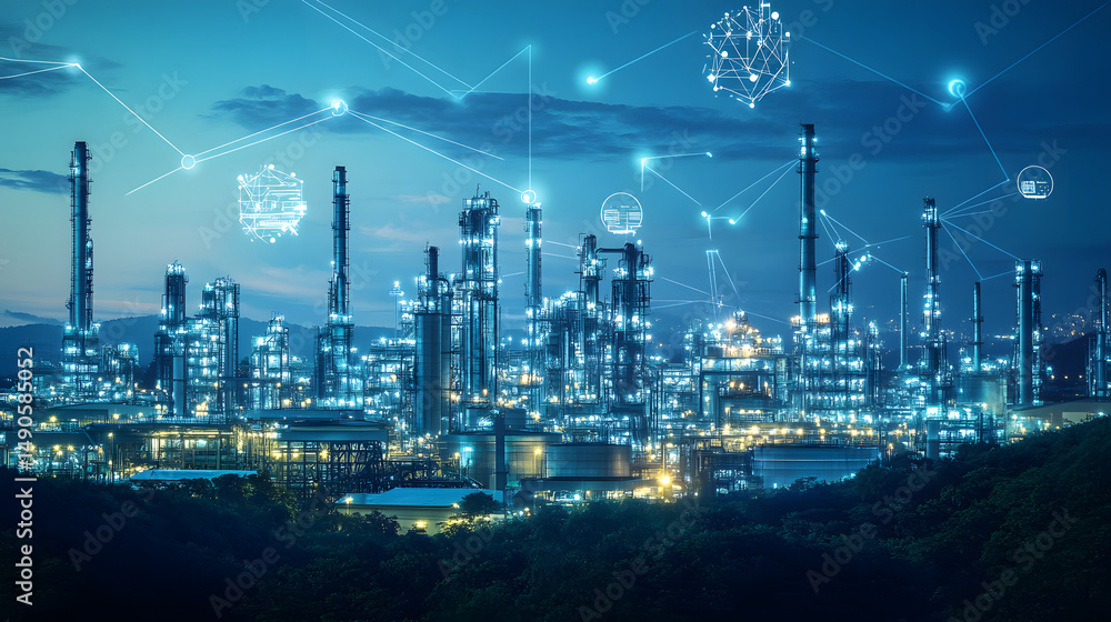 Fototapeta premium A futuristic industrial complex illuminated at night, showcasing advanced technology and connectivity in energy production.