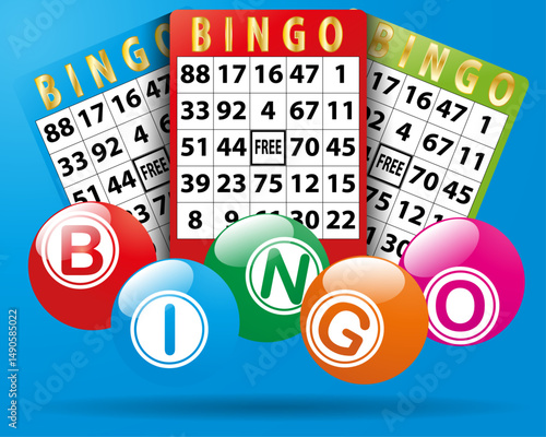 Bingo letters in balls with bingo cards behind, national bingo day or gambling graphic element