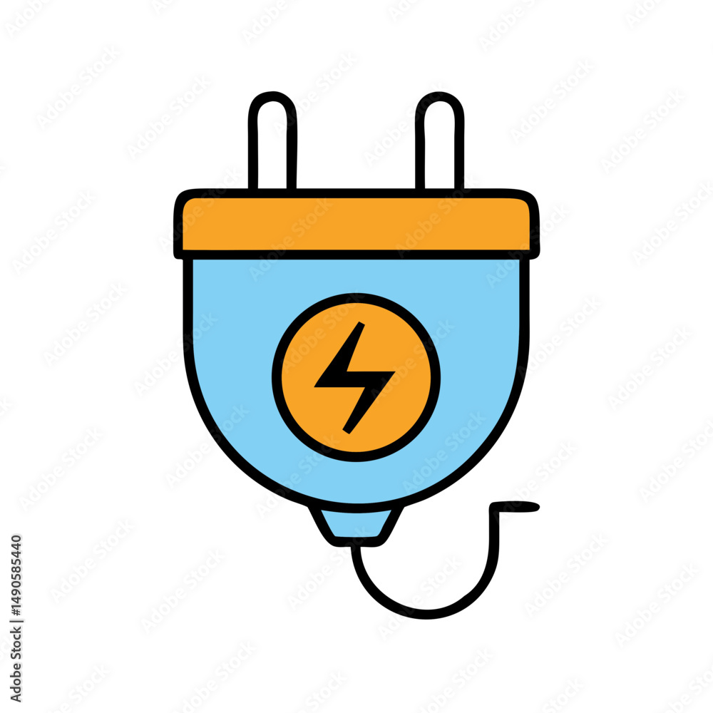 Blue Electric Plug Icon with Orange Top and Lightning Bolt Symbol Blue Electric Plug Icon with Orange Top and Lightning Bolt Symbol