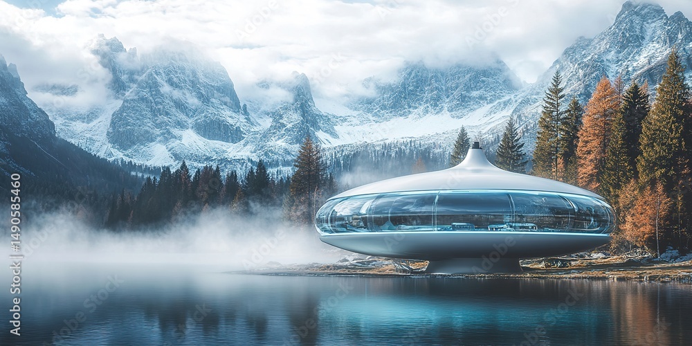 Obraz premium Futuristic Glass Building Overlooking Misty Mountain Lake: Sleek Architecture Meets Natural Grandeur. Panoramic Circular Windows Frame Breathtaking Alpine Views. Modern Design Contrasts with Serene La