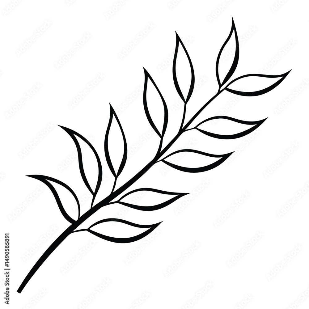 Elegant black and white vector illustration of a simple leafy branch element for design Elegant black and white vector illustration of a simple leafy branch element for design