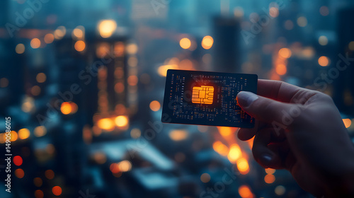 A close-up of a hand holding a microchip against a blurred city skyline at dusk, showcasing innovation and technology.