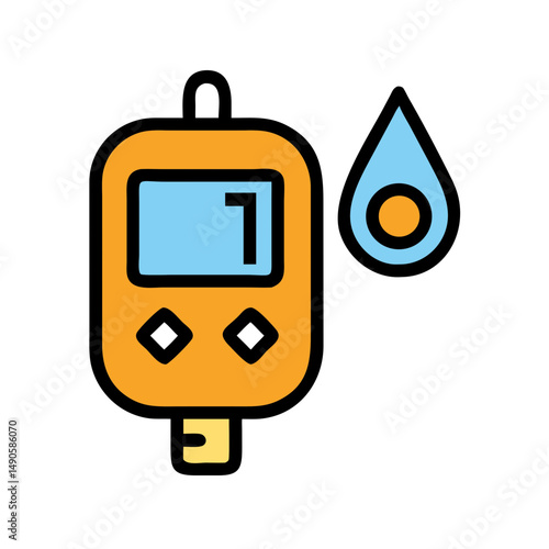 A glucometer with a drop of blood, representing diabetes management, blood sugar level monitoring, health awareness, and daily medical routine
