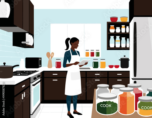 Woman Reading Cookbook in Modern Kitchen Illustration - Colorful Jars and Kitchenware - Inspiring Cooking and Culinary Arts Ideas - Home Decor Inspiration