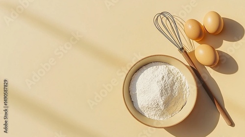 Flat lay photo of a bowl with flour, eggs, and an egg beater on a beige background, with empty space on the right for text or product display.