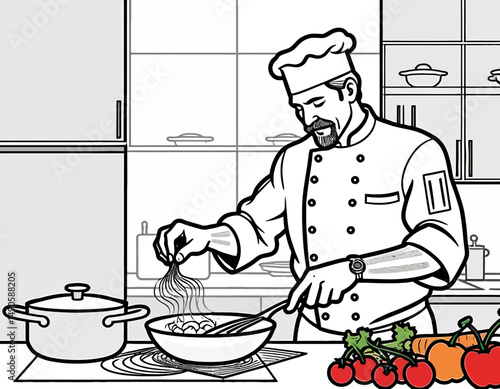 Chef Cooking in Kitchen Illustration - Line Art of Male Cook Preparing Food - Delicious Meal Preparation Drawing for Culinary Art Projects