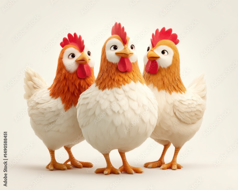 Fototapeta premium Three Playful Cartoon Chickens with Cheerful Expressions Gathering Together