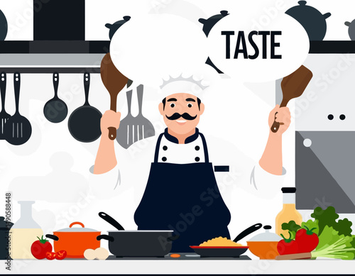 Chef in the kitchen cooking delicious food-illustration of culinary arts-Taste the flavor-Restaurant quality cooking at home-Fresh ingredients and healthy eating habits depicted