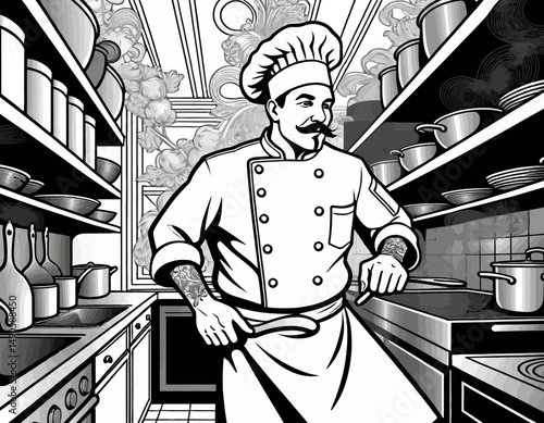 Chef in the Kitchen - Black and White Illustration of a Culinary Artist Preparing a Meal - Professional Cook with Mustache and Tattoos