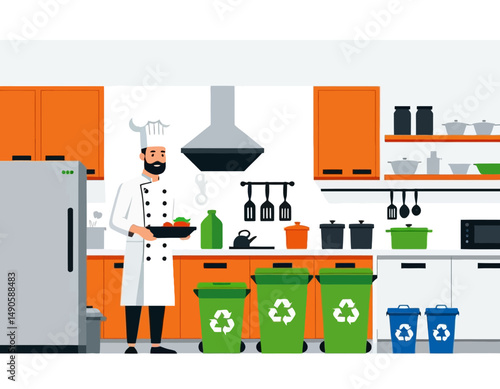 Chef practicing recycling in commercial kitchen - Sustainable food waste management - Eco-friendly restaurant practices for waste reduction and environmental conservation