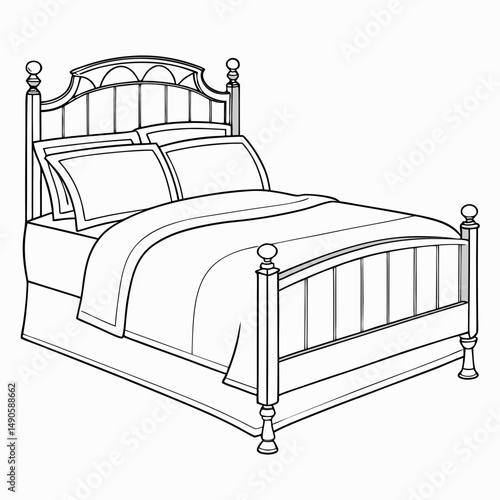 Professional line art double bed with pillows on white background