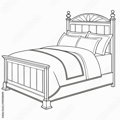 Elegant double bed line art illustration, transparent background