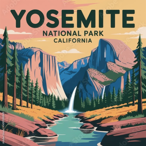 Yosemite Valley Waterfall and Granite Cliffs – California Poster