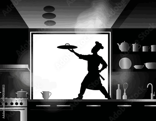 Elegant Chef Silhouette in Modern Kitchen-Culinary Art-Home Cooking Inspiration-Black and White Kitchen Design-Gourmet Meal Preparation-Creative Food Presentation