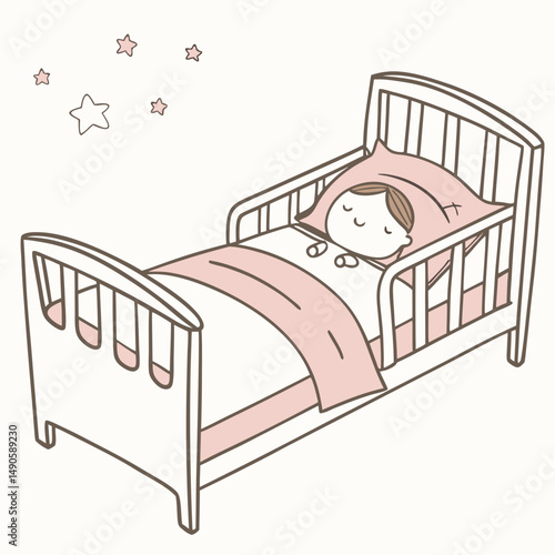Little girl sleeping soundly in toddler bed stars