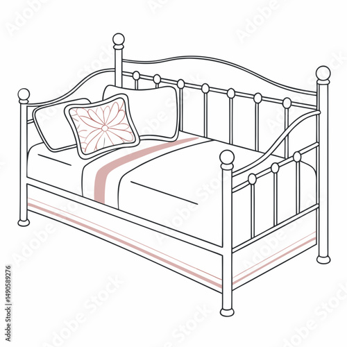 Metal daybed with floral pillow and bedding