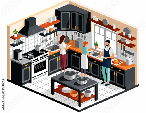 Isometric Kitchen Illustration- People Cooking and Preparing Food- Modern Kitchen Design with Black Cabinets and Orange Countertops- Family Meal Prep