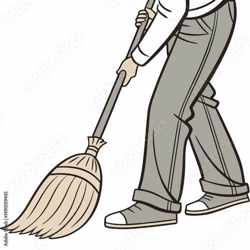 Person sweeping floor with traditional broom