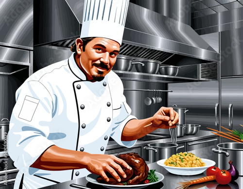 Professional Chef Preparing Delicious Meal in Restaurant Kitchen-Expert Cook Plating Roasted Turkey with Sides-Culinary Arts and Fine Dining Concept