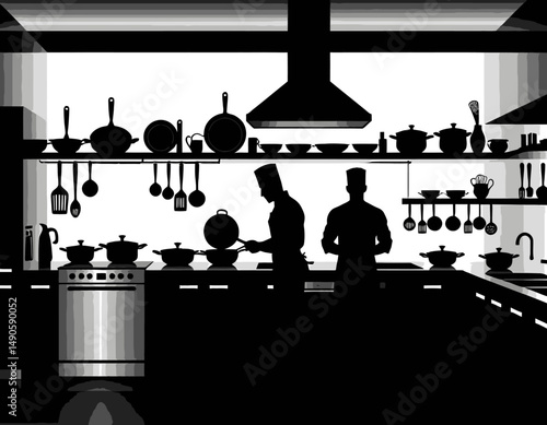 Professional Kitchen Silhouette-Chefs at Work-Culinary Art-Black and White Kitchen Scene-Restaurant Kitchen Design-Cooking Equipment-Chef Life