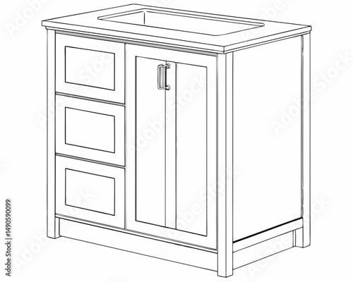 Single bathroom vanity with sink cutout, clean lines, transparent background