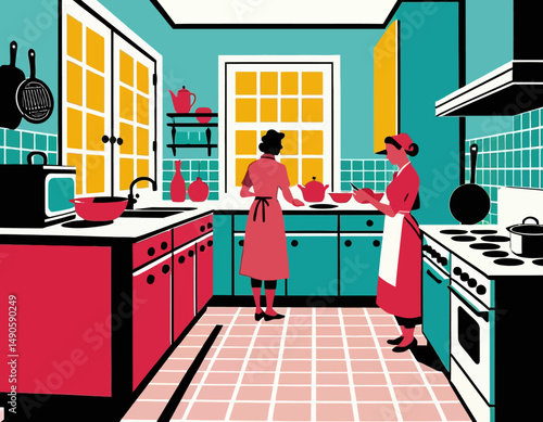 Retro Kitchen Scene-Women Cooking-Vintage Home Interior-Colorful Design-Nostalgic Art-Kitchen Decor-Mid Century Style-illustration of cooking scene