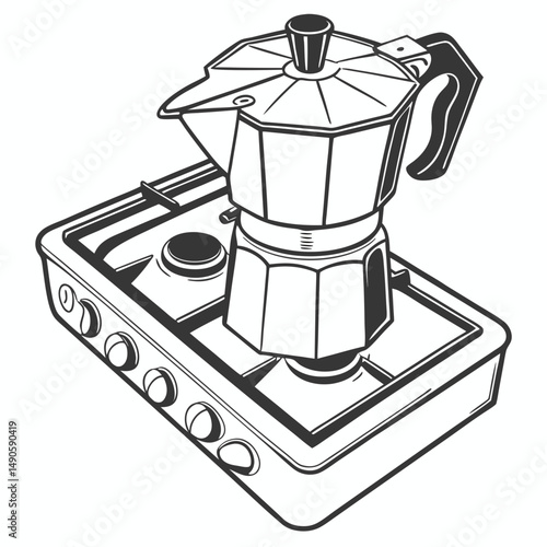 Stovetop espresso maker brewing coffee illustration