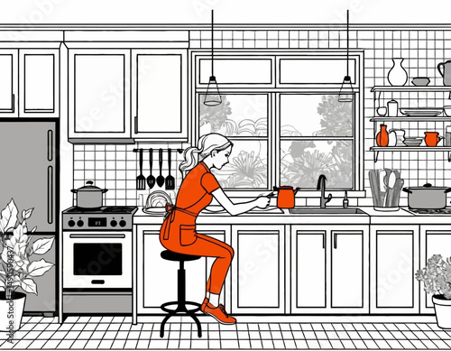 Woman cooking in a modern kitchen illustration - Black and white kitchen design with orange accents - Stylish and minimalist home interior scene - Culinary art