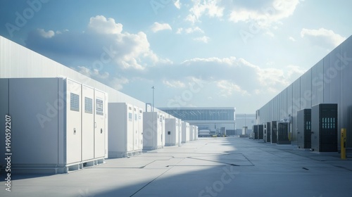 Modern industrial battery storage facility with large white containers outside a warehouse