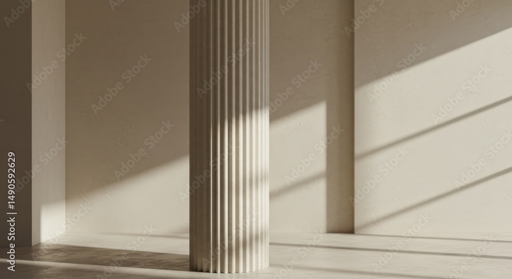 Fototapeta premium Architectural interior with fluted column sunlight play shadows background texture design concept