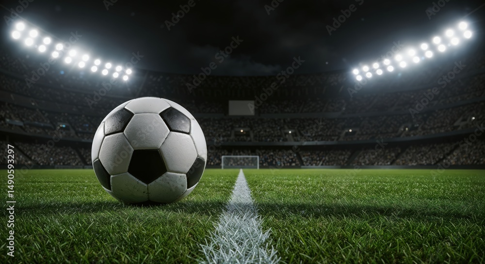 Fototapeta premium Soccer Ball on Field: Capturing the thrill of the game, a soccer ball rests poised on the field, illuminated under the stadium lights. The image evokes the anticipation of a match.