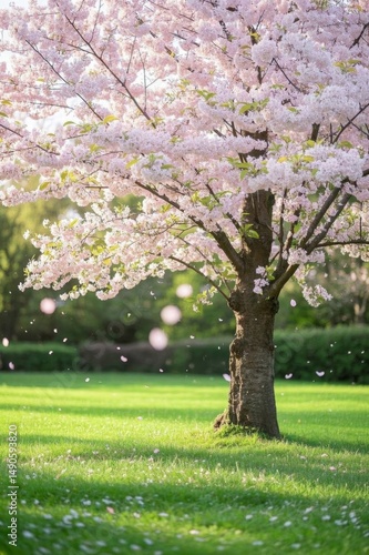 a close up of a tree with pink flowers in a grassy field