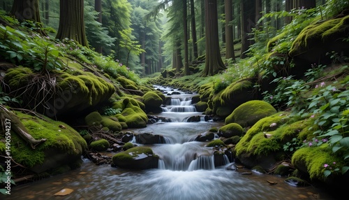 A serene forest scene featuring a flowing stream between moss-covered rocks and towering trees. The atmosphere feels fresh, calm, and untouched by civilization.