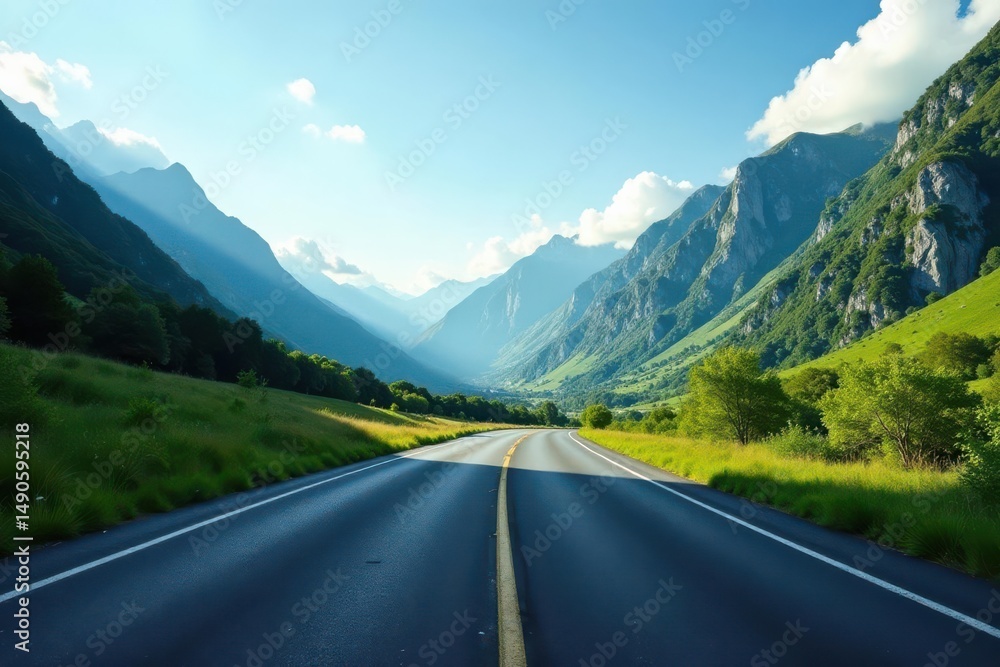 Naklejka premium Asphalt ribbon unwinding through a majestic mountain valley, bathed in the golden light of a summer afternoon, inviting exploration and adventure on an open road journey.