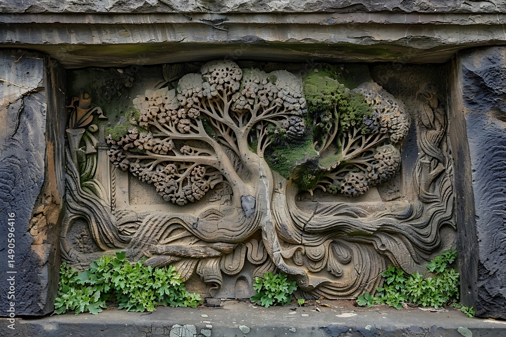 Plant motifs carved into ancient stone Plant motifs carved into ancient stone