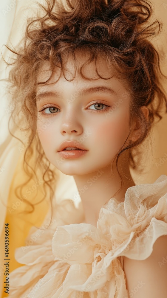 Ethereal beauty portrait with flowy hair and ruffled dress in soft lighting Ethereal beauty portrait with flowy hair and ruffled dress in soft lighting