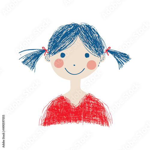 Smiling Girl With Pigtails In Red Sweater In Hand Drawn Doodle Style. Childlike Joy And Innocence. Isolated Vector Illustration