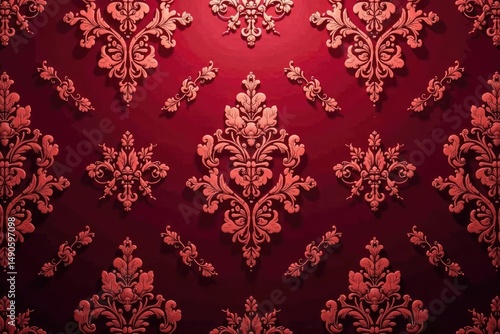 Intricate floral damask textile pattern in rich burgundy , background, scroll
