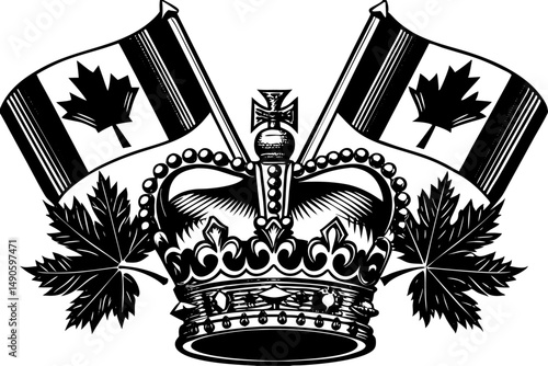 Canadian Victoria Day crown decorated with maple leaves and flags symbolizing unity and patriotism in a colorful and eye-catching composition