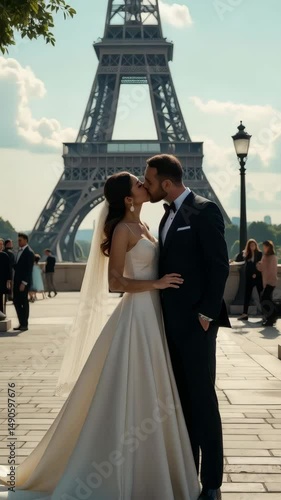 Newlyweds embrace their love with a kiss outside the Eiffel Tower under a sunny sky in Paris