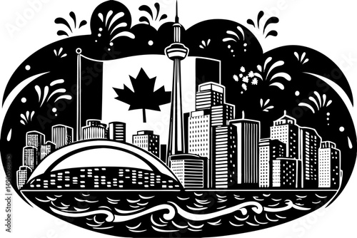 Intricate urban cityscape skyline design showcasing the 1st of July celebrations with red accents for patriotic and festive visual themes