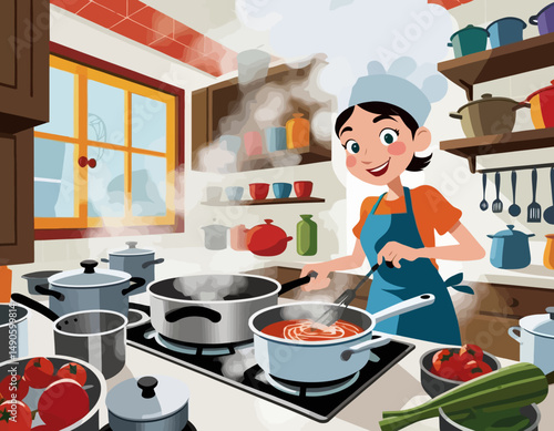 Cartoon Chef Cooking Delicious Meal-Woman in Kitchen Stirring Sauce-Home Cooking Adventure-Culinary Art-Healthy Eating-Kitchen Scene Illustration