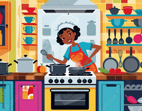 Cartoon Chef Cooking in Colorful Kitchen Illustration- Animated Culinary Scene with Pots-Pans- and Kitchenware- Ideal for Food Blog or Recipe Website