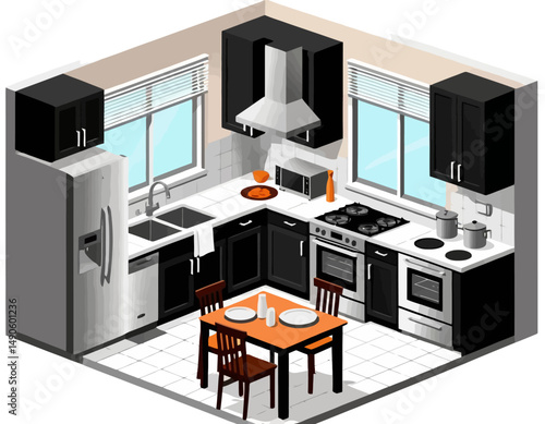 Isometric View of a Modern Kitchen Interior Design - Featuring Sleek Black Cabinets - White Countertops - Stainless Steel Appliances and Orange Table