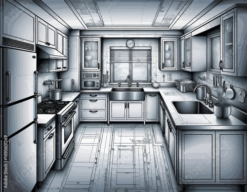 Modern Kitchen Blueprint Design-Detailed Interior Architecture Sketch-Elegant Cabinetry and Appliances-Conceptual Kitchen Layout-Creative Home Renovation Idea